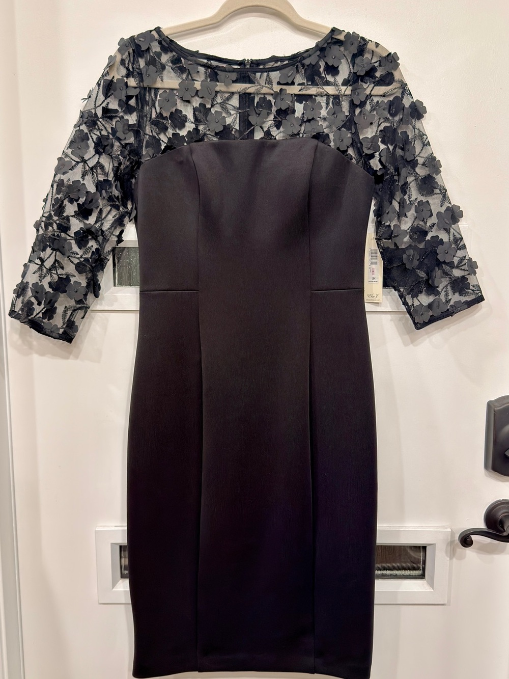 Eliza J Black Midi Dress with Floral Mesh Yoke